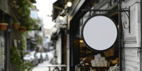 Blank white outdoor round box mockup wall mounted, sky background. Empty advert signplate on textured wal mock up. Clear circle billboard for shop logotype mokcup template.