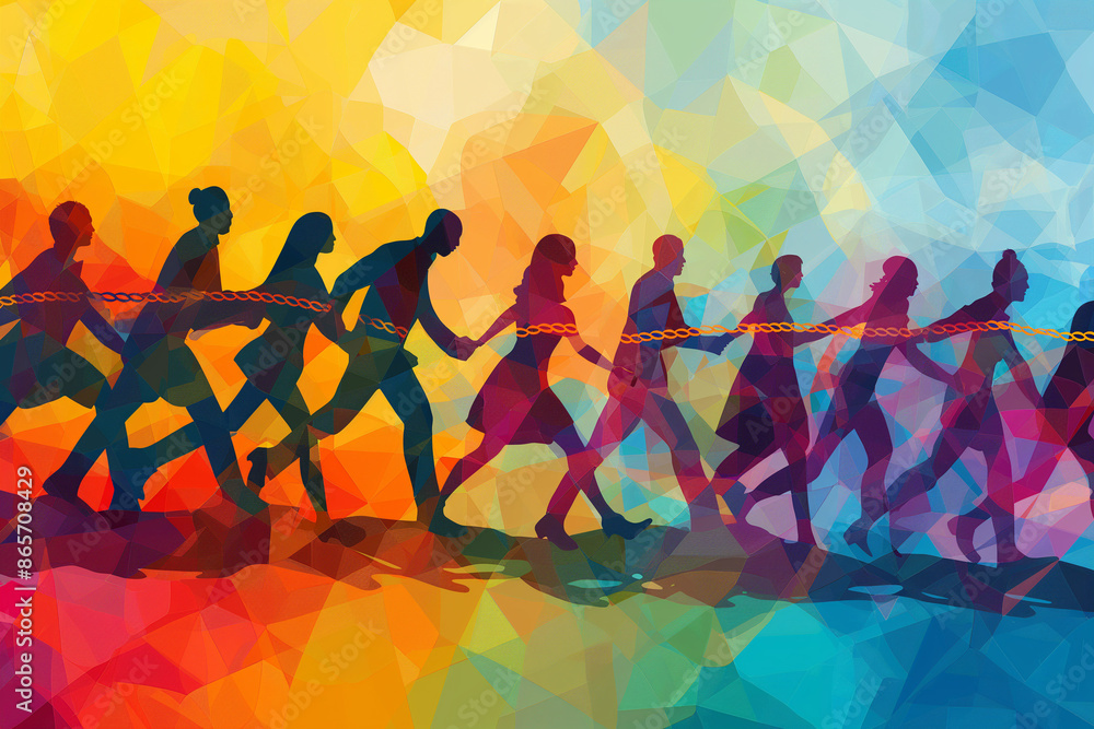 Obraz premium An abstract illustration representing teamwork and unity, featuring a team of diverse individuals connected by a strong rope