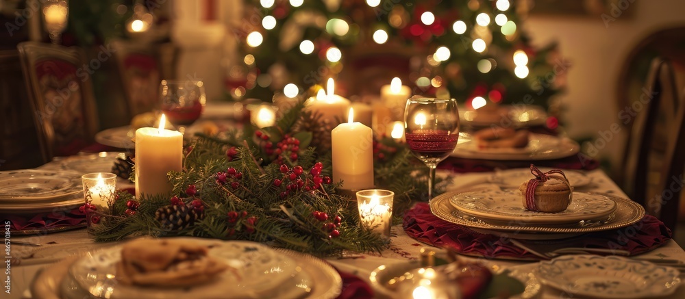 Intimate holiday dinner setting illuminated by candles Intimate holiday dinner setting illuminated by candles