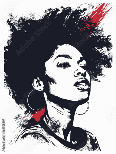 A woman with a red and black hair is shown in a black and white drawing. The woman is wearing a gold hoop earring and a gold hoop necklace. The drawing has a bold and edgy feel to it, with the red