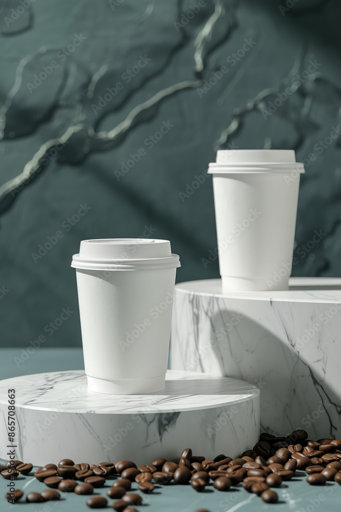 mockup with one tall white paper coffee cup in front and one short white paper coffee cup in back, with white lids, on low marble podiums, many coffee beans lying nearby, food photo mockup with one tall white paper coffee cup in front and one short white paper coffee cup in back, with white lids, on low marble podiums, many coffee beans lying nearby, food photo