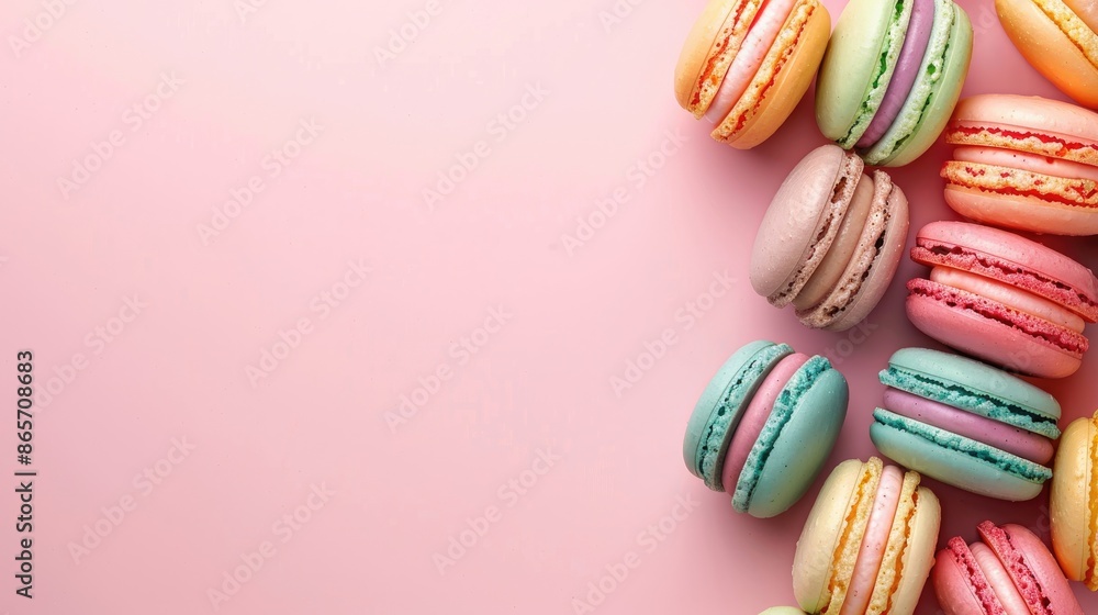 Colorful French macarons arranged on a pastel background with empty space Colorful French macarons arranged on a pastel background with empty space