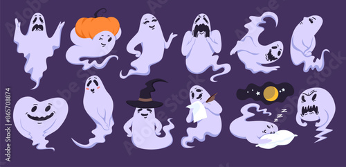 Cute spooky ghosts with funny expressions and nightmare effects set. Happy Halloween characters with pumpkin and witch hat, evil monsters spook with creepy scary faces cartoon vector illustration