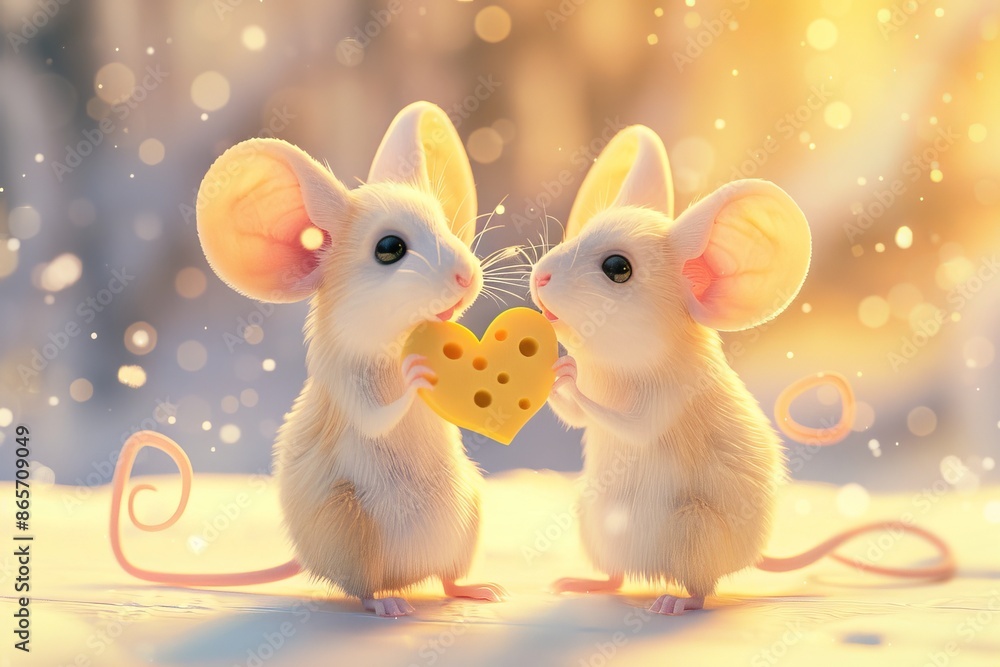 It's a generative AI algorithm representing two mice and a heart-shaped cheese on Valentine's Day It's a generative AI algorithm representing two mice and a heart-shaped cheese on Valentine's Day