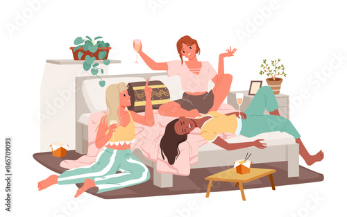Fun sleepover party of girls best friends in pajamas. Female characters lying on bed in bedroom, laughing and talking, young women drinking wine and eating fast food