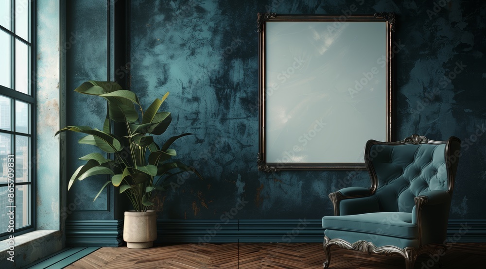 A large blank frame hanging on the wall of a vintage room, with green plants and antique furniture. A large blank frame hanging on the wall of a vintage room, with green plants and antique furniture.