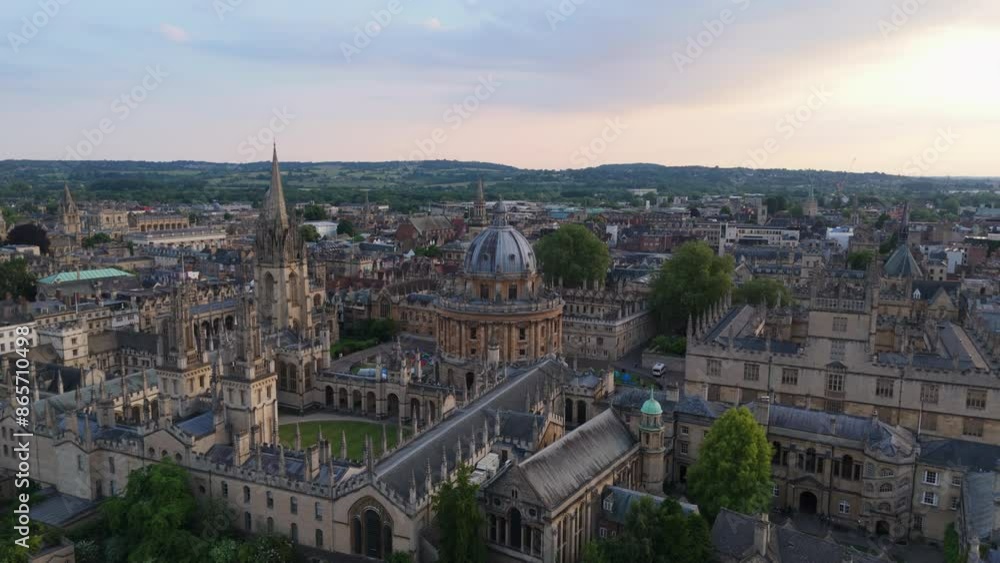 Aerial view of Oxford University with Radcliffe Camera library during beautiful sunset Aerial view of Oxford University with Radcliffe Camera library during beautiful sunset