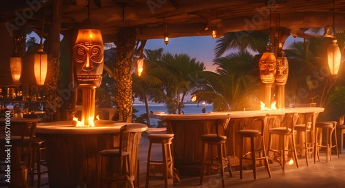 The warm glow of tiki torches welcomes guests to an islandinspired bar buzzing with chatter and laughter 4k photo