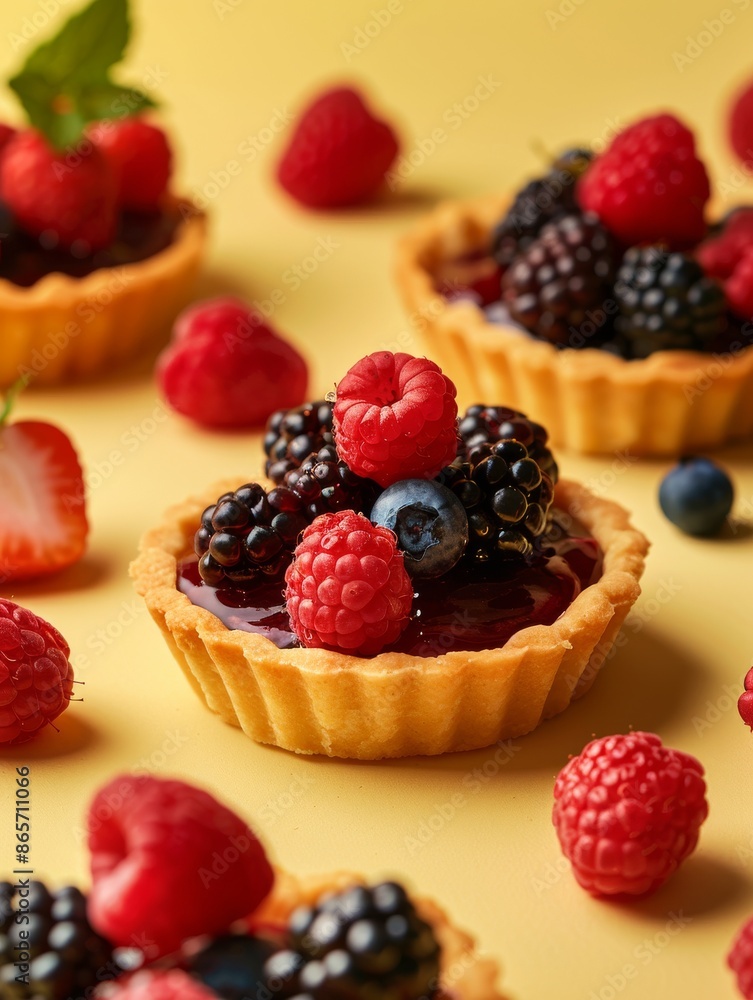 Set of layer tartlets with berries on a light yellow background. Caramel-colored tartlets Set of layer tartlets with berries on a light yellow background. Caramel-colored tartlets