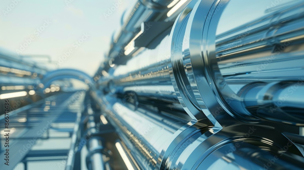 Shiny industrial pipelines with clean reflective surfaces in a modern facility, blue sky background suggesting efficiency Shiny industrial pipelines with clean reflective surfaces in a modern facility, blue sky background suggesting efficiency