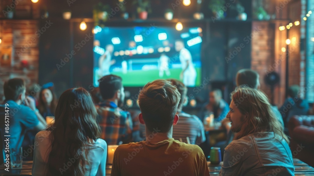 Fototapeta premium Friends watching sports game on big screen at cozy bar, enjoying drinks and atmosphere, socializing and having fun