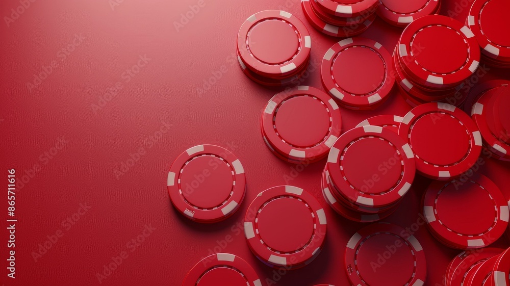 Red poker chips on textured red background for casino themes and gambling concepts Red poker chips on textured red background for casino themes and gambling concepts