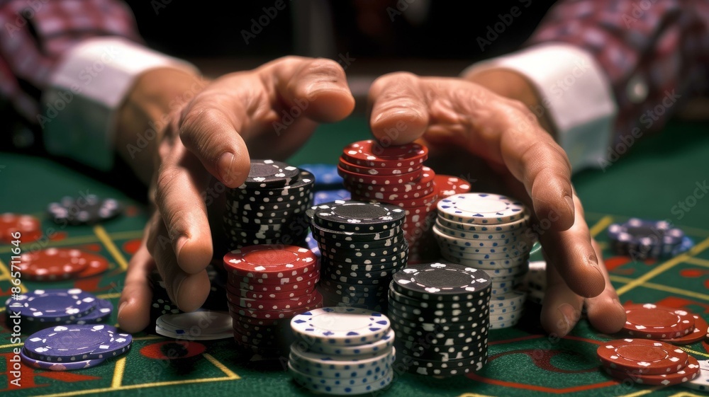 Hands stacking poker chips on a casino table during intense gambling game Hands stacking poker chips on a casino table during intense gambling game