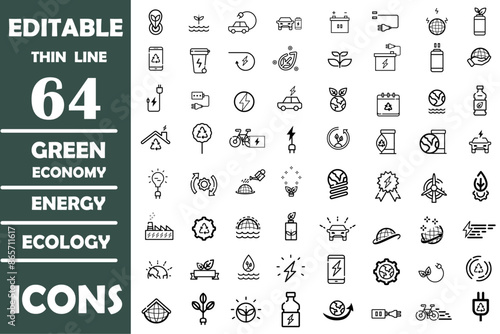 Green energy ecology thin line icons set. Renewable energy, ecology and green electricity icons. Ecology and nature green symbol collection. Green energy, renewable energy and green technology. 