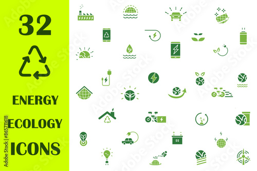 Green energy ecology icons set. Renewable energy, ecology and green electricity icons. Ecology and nature green symbol collection. Green energy, renewable energy and green technology. 