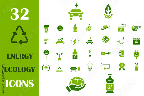 Green energy ecology icons set. Renewable energy, ecology and green electricity icons. Ecology and nature green symbol collection. Green energy, renewable energy and green technology. 