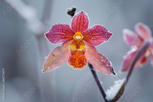 Deep within frostcovered forest of Canada elusive beauty of frostfire orchid brightens winter gloom Using specialized macrophotography technique delicate ice formation vibrant hue of rare winter photo