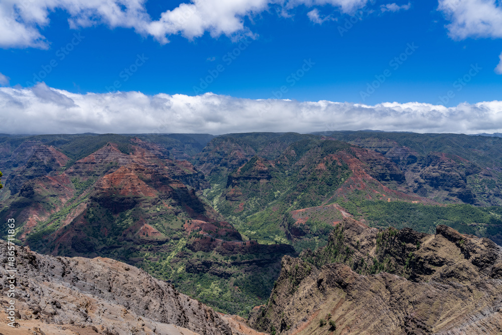 Waimea Canyon State Park, Kauai, Hawaii. Waimea Canyon, also known as the Grand Canyon of the Pacific, The canyon is carved into the tholeiitic and post-shield calc-alkaline lavas Waimea Canyon State Park, Kauai, Hawaii. Waimea Canyon, also known as the Grand Canyon of the Pacific, The canyon is carved into the tholeiitic and post-shield calc-alkaline lavas