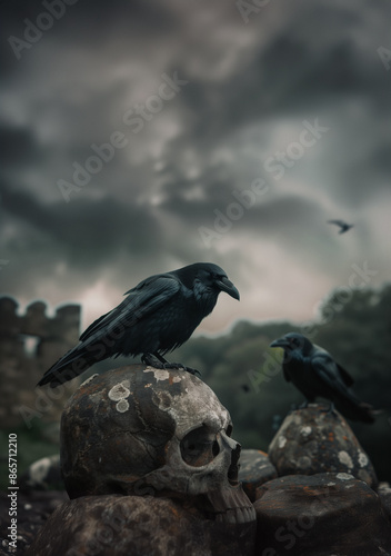 Ravens perched on a skull amid a gloomy landscape. Generative AI image