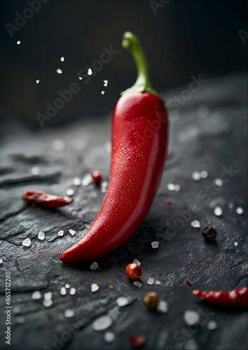 Red chili pepper with scattered salt on dark surface