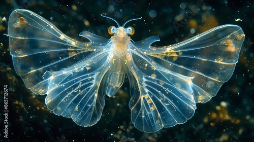 Deep within polar water of Arctic Ocean delicate beauty of sea butterfly revealed through lens of macrophotography setup Using specialized lighting technique translucent wing delicate body of pelagic