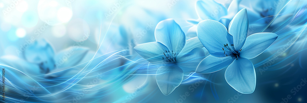 Obraz premium Delicate blue flowers with soft, flowing lines and bokeh lights in the background, creating a dreamy and tranquil atmosphere.