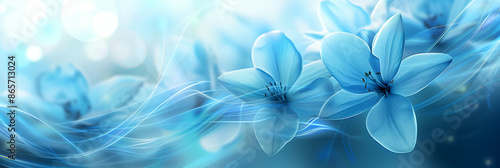 Delicate blue flowers with soft, flowing lines and bokeh lights in the background, creating a dreamy and tranquil atmosphere.