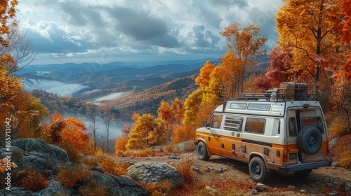 Autumn View with Grech Strada Camper Van in Blue Ridge Mountains, North Carolina