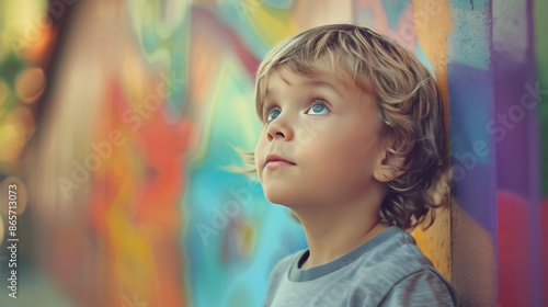 A little boy with blonde hair and blue eyes looks up at the colorful graffiti on an urban wall.  © solom