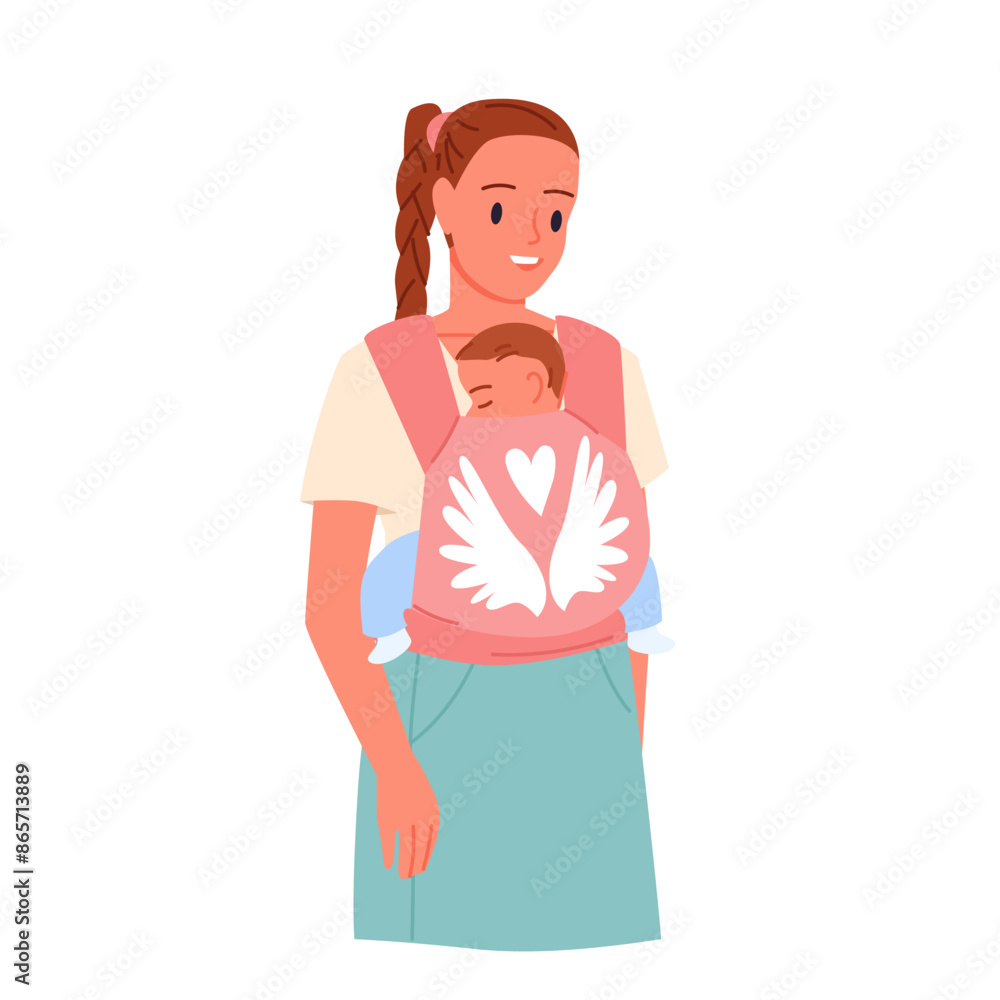 Mother carrying newborn baby in sling, love and motherhood. Cute young mom in casual clothes holding child inside carrier wrap, happy woman and toddler at city walk cartoon vector illustration Mother carrying newborn baby in sling, love and motherhood. Cute young mom in casual clothes holding child inside carrier wrap, happy woman and toddler at city walk cartoon vector illustration
