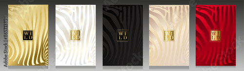 Luxury zebra skin cover set. Glossy gradient effect pattern: black, gold, platinum, pink and red. Trendy collection of wild backgrounds. 