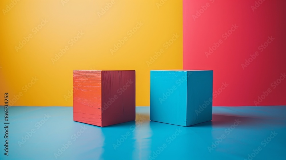 Two wooden blocks, one red and one blue, are placed on a blue Two wooden blocks, one red and one blue, are placed on a blue