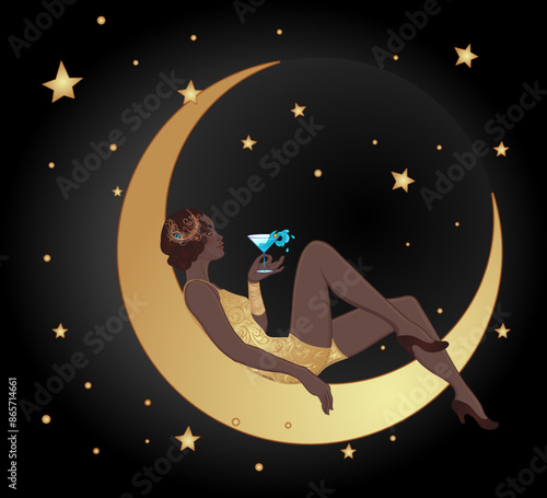 Pretty black woman sitting on vintage paper crescent moondrinking a martini. Flapper african american girl. Retro party invitation design. Vector illustration. Beaty in art deco style. Retro fashion