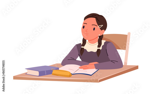 Young student sitting at school desk to read and study in class. Funny girl studying with open notebook and books, pupil character in college lesson or examination cartoon vector illustration