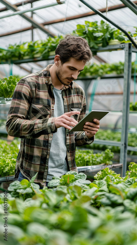 Man Worker Researches Salad Plants Using Tablet in Greenhouse