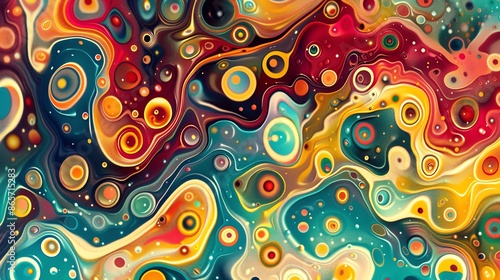 Abstract colorful liquid swirl with circular patterns.