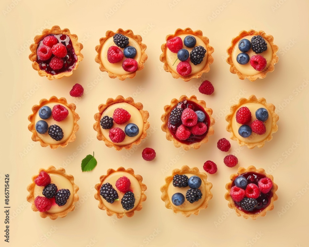 Set of layer tartlets with berries on a light yellow background. Caramel-colored tartlets Set of layer tartlets with berries on a light yellow background. Caramel-colored tartlets