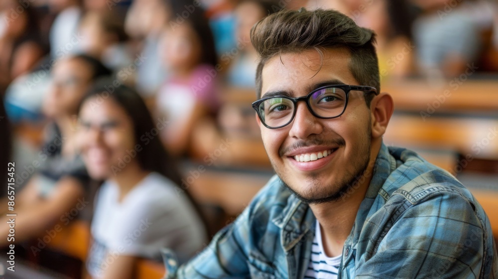 Portrait of a happy university student sitting on classroom Portrait of a happy university student sitting on classroom