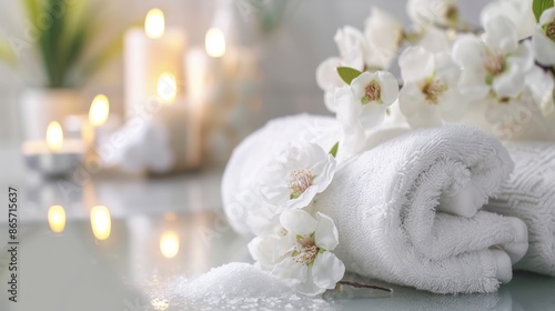 Beautiful spa composition, rolled white towel. Luxury spa concept background