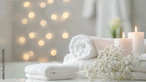 Beautiful spa composition, rolled white towel. Luxury spa concept background