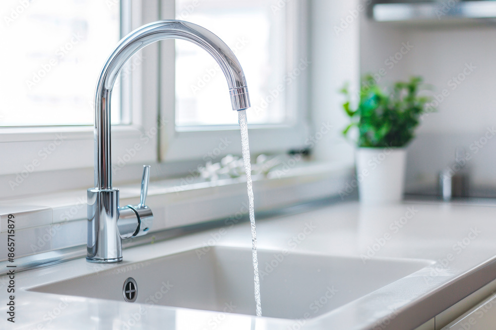 Modern white kitchen sink with clean chrome faucet with water flows Modern white kitchen sink with clean chrome faucet with water flows