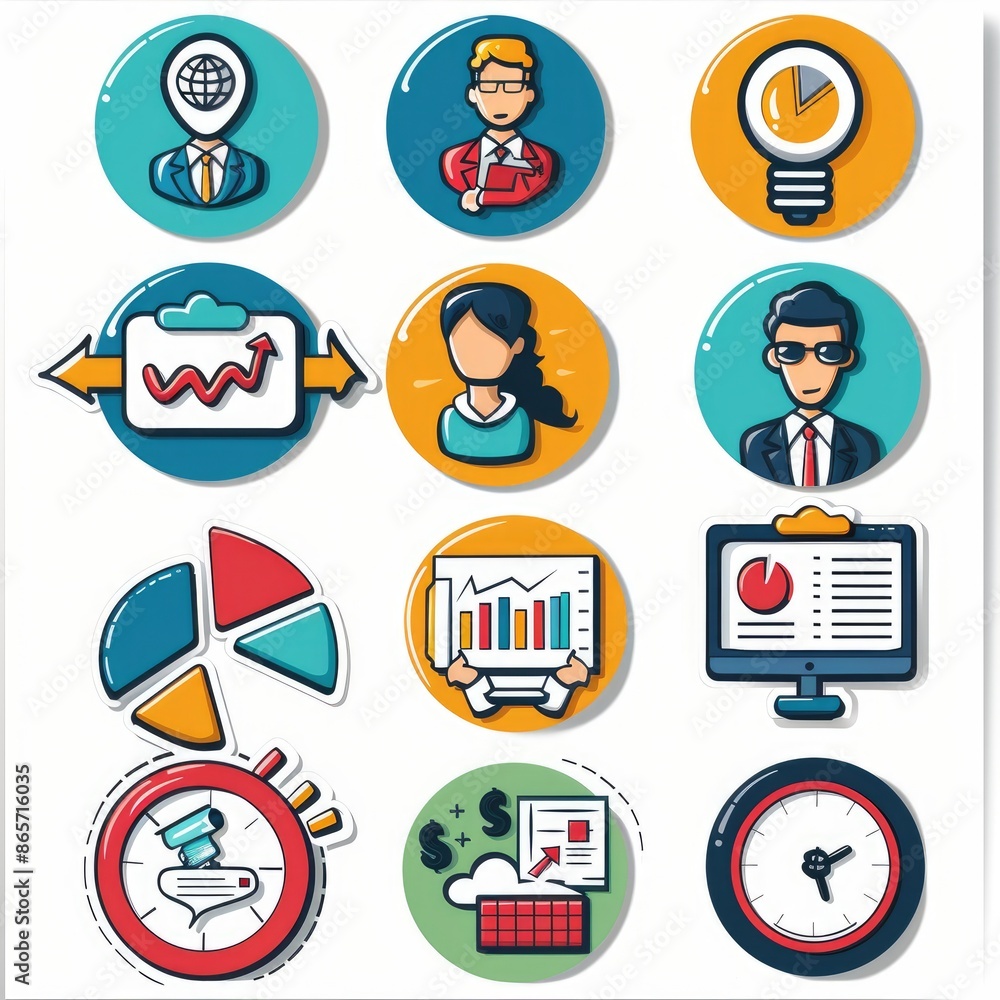 Fototapeta premium Business finance marketing cartoon sticker, playful illustrations on white background, isolated and cut out, offering whimsical depictions of financial concepts for engaging marketing materials.