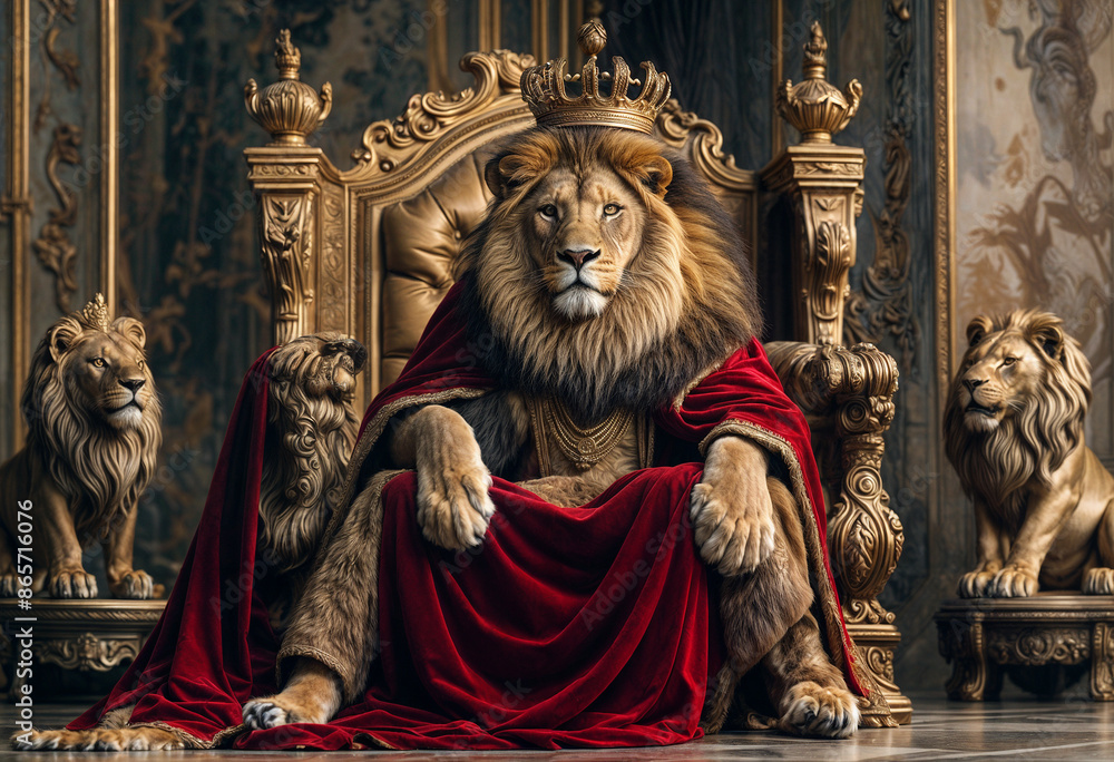 lion sits on the royal throne in a red cloak with a crown on his head lion sits on the royal throne in a red cloak with a crown on his head