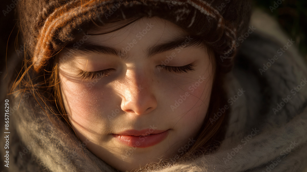 A tranquil young woman with her eyes closed, basking in the soft glow of the evening light, wrapped cozily in a warm scarf - Generative AI A tranquil young woman with her eyes closed, basking in the soft glow of the evening light, wrapped cozily in a warm scarf - Generative AI