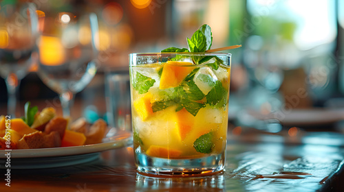 A refreshing glass of drink garnished with fresh fruit slices and mint leaves.
