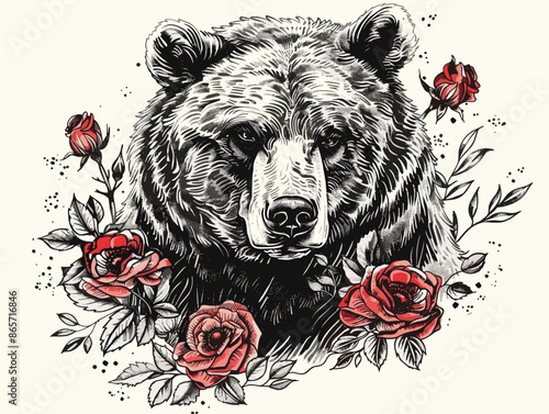 A bear with roses surrounding it. The bear is black and white