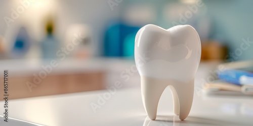 White large tooth stands on desktop on dental clinic background, copy space Signboard for stomatology, dentist office or dental care clinic. Oral hygiene. Holistic approach, health concept