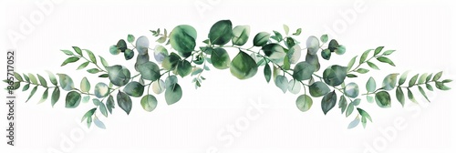 Watercolor decorative floral element of graceful green eucalyptus leaves and branches border or frame, for wedding, greeting card, celebration border banner design.	
