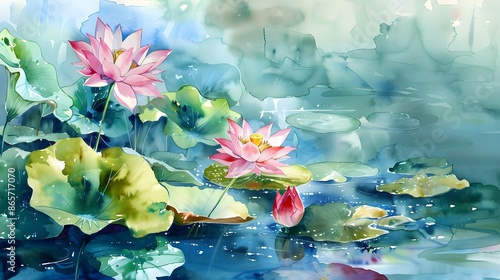 Beautiful watercolor painting of lotus flowers and leaves in a pond, in an influential and harmonious style of colors. A symbol of fertility. 