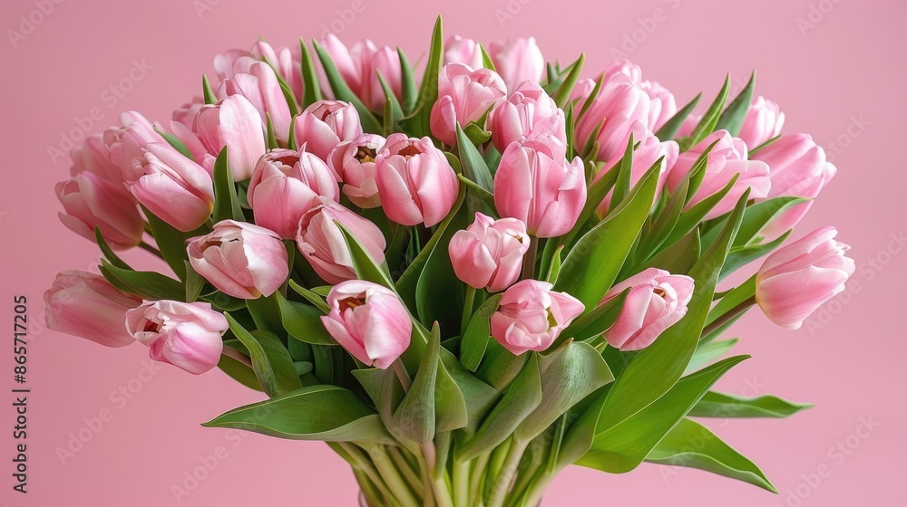 Pink tulip bouquet for special occasions on pink backdrop Pink tulip bouquet for special occasions on pink backdrop